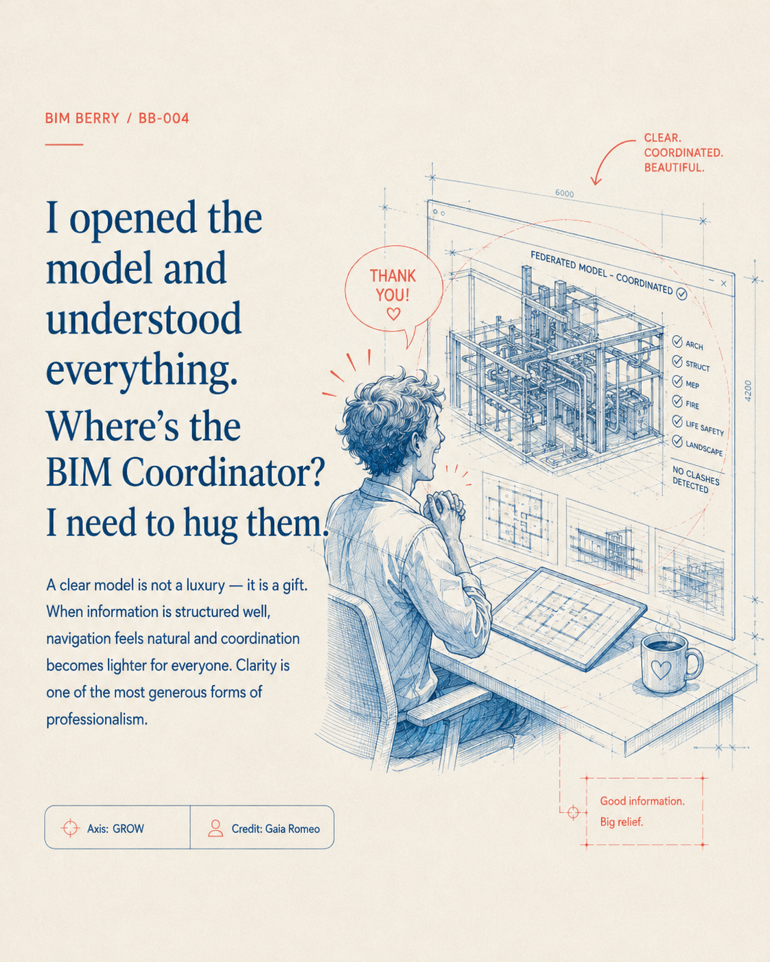 BIM Berry BB-004 illustration of a professional opening a clear coordinated model and thanking the BIM Coordinator.