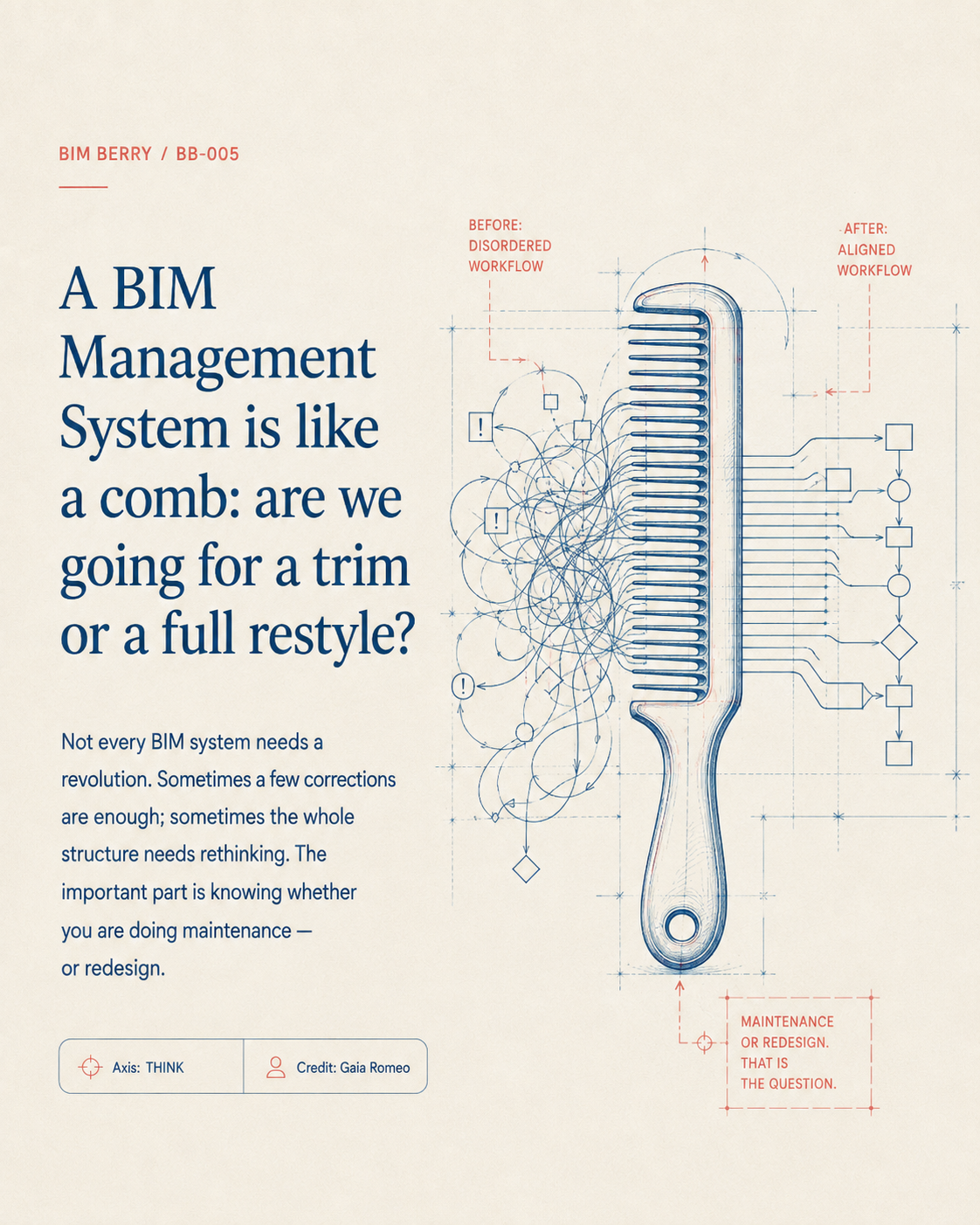 BIM Berry BB-005 illustration of a comb separating a tangled BIM workflow from an aligned process.
